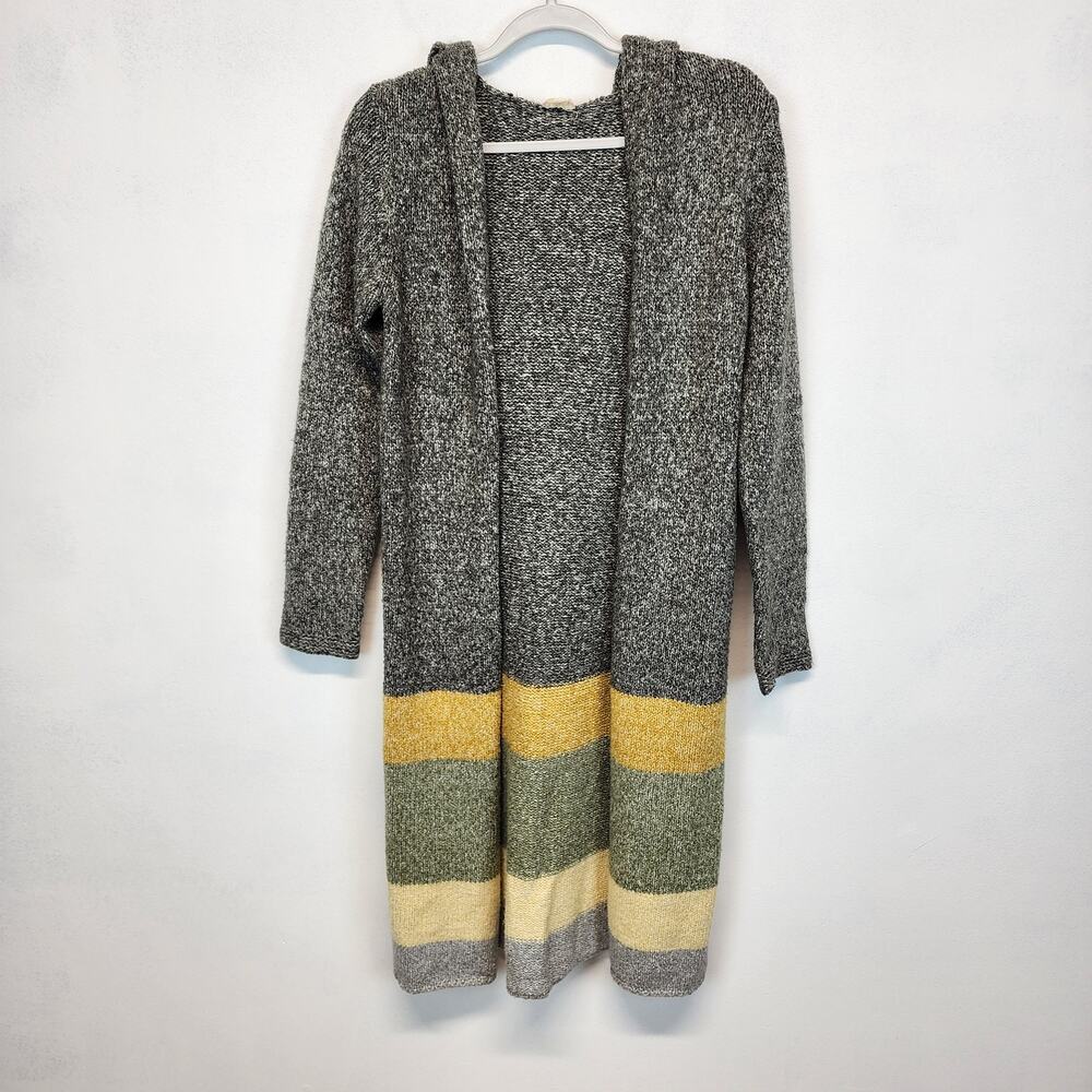 Hem & Thread Womens Duster Cardigan Sweater Size M Hooded Gray Striped Open Boho